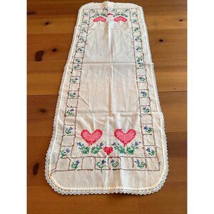Vintage Cross stitched Embroidered Table Runner Hearts 14x39 Valentines Day